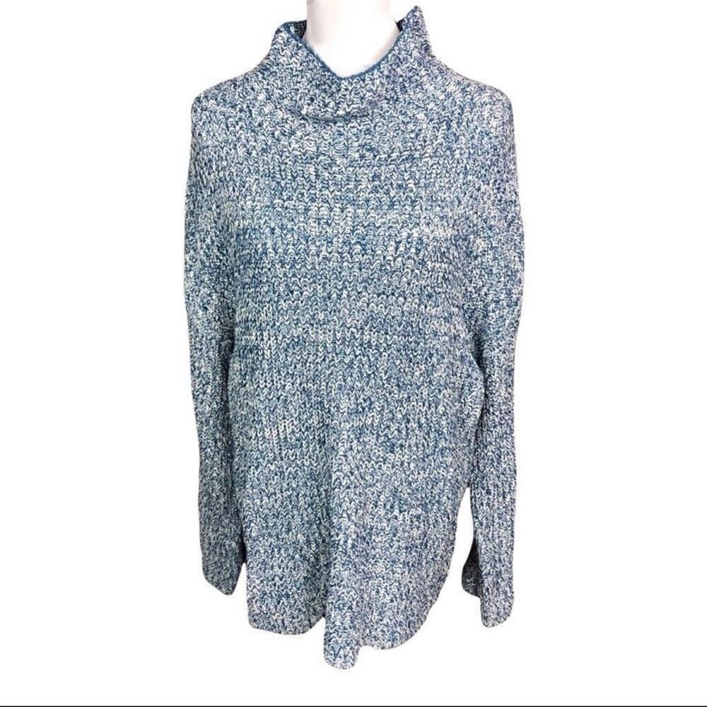 Caslon Sweater Tunic Shaker Funnel Neck Blue Ivory Knit Bell Sleeves Medium